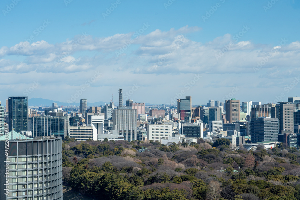 Tokyo city center with skyscraper office buildings in Otemachi, Tokyo, Marunouchi, Hibiya, Kasumigaseki