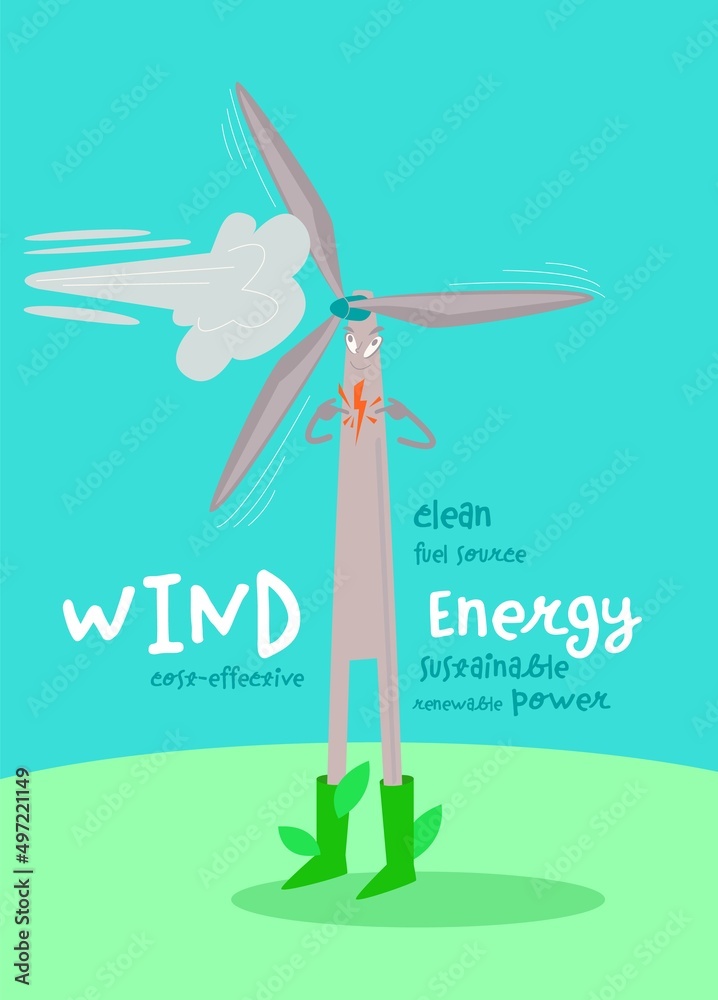 Wind energy vertical poster with funny creative character.
