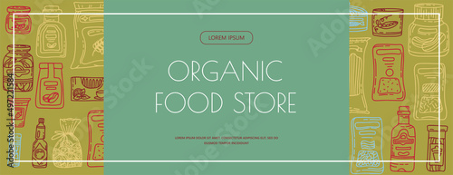Vector doodle grocery store products. Hand drawn scetch banners. Food and drink. Natural canned, bakery and cereal products. Sale. Delivery.App store