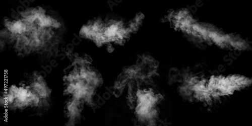 A set of seven different types of swirling, writhing smoke, steam isolated on a black background for overlaying on your photos. Horizontal and vertical steam. Abstract smoky background