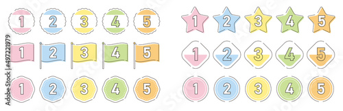 1〜5までの数字アイコンセット　6種類　丸・星・旗（パステルカラー）