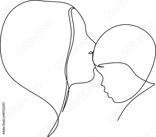 Abstract mother with a child in continuous one line drawing art style. Mother`s Day card. Woman hugging her baby. Happy motherhood concept. Modern vector illustration