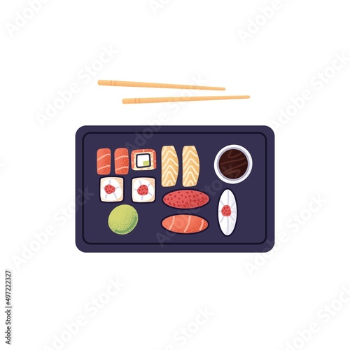 Sushi box, set with chopsticks. Japanese sea food with rice, red fish, tuna, salmon, caviar and nori. Japan rolls, maki and nigiri with sauces. Flat vector illustration isolated on white background