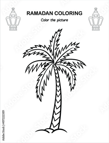 Dates tree Ramadan Children Coloring book pages , Islamic month ramadan worksheet ,Sketch outline black and white pages . Kids education. Vector illustration