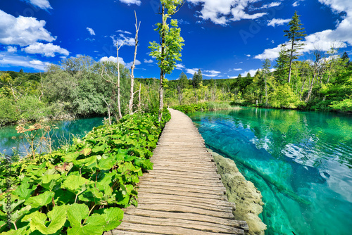 jetty on the the Gradinsko jezero lake of Plitvice Lakes National Park in Croatia in the Lika region. UNESCO World Heritage of Croatia named Plitvicka Jezera. photo