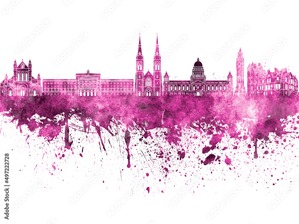 Belfast skyline in pink watercolor on white background
