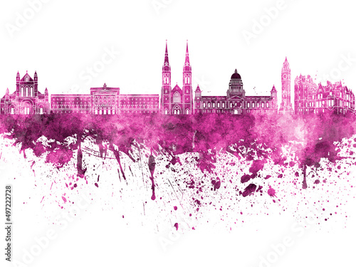 Belfast skyline in pink watercolor on white background
