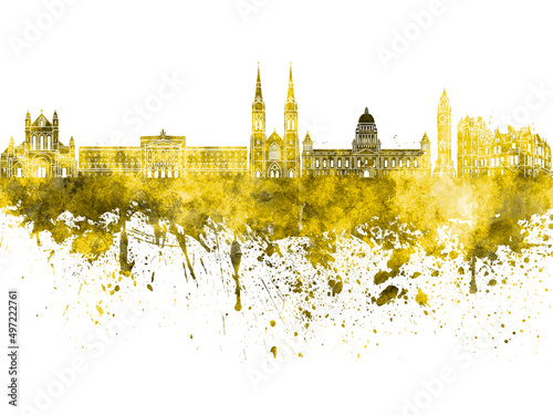 Belfast skyline in yellow watercolor on white background