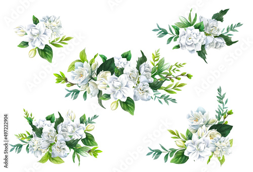 Set of five white floral bouquets, hand drawn