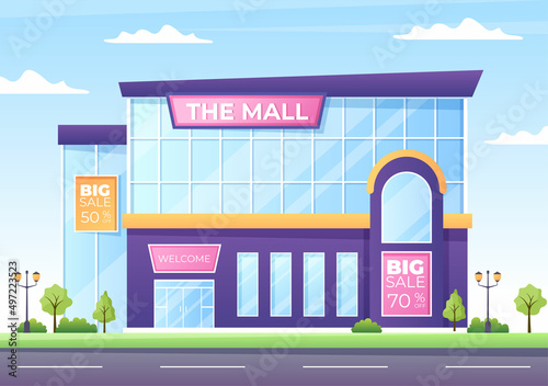 Modern Shopping Mall Building Background Illustration with Exterior and Various Shops Inside in Flat Style Design