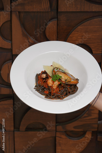 Spaghetti nero with prawns and mussels