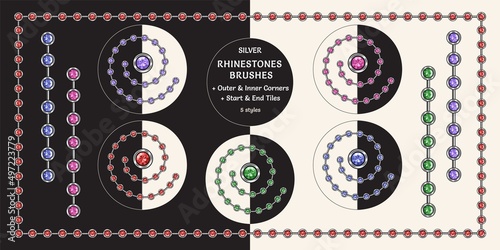 Pattern silver brushes with color rhinestones. Colors of crystals are colors of amethyst, ruby, emerald, sapphire, spinel gems. Chain brushes with corners, end, start tiles. Isolated on black, white