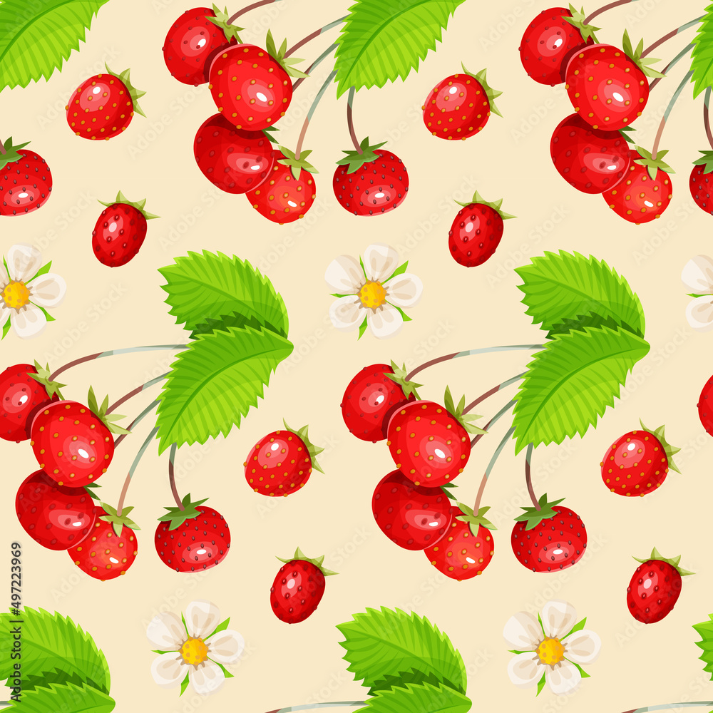 Strawberry and leaves seamless pattern. Berry design for wrapping paper, textile, packaging, fabric. Strawberry and leaves seamless pattern. Berry design for wrapping paper, textile, packaging, fabric.