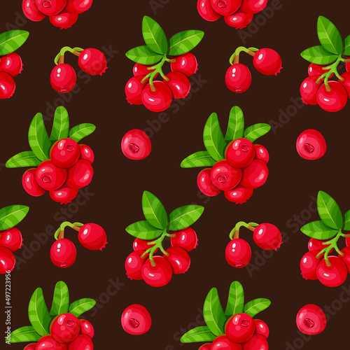 Lingonberry and leaves seamless pattern. Berry design for wrapping paper, textile, packaging, fabric.