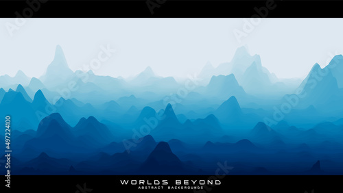 Abstract blue landscape with misty fog till horizon over mountain slopes. Gradient eroded terrain surface. Worlds beyond.
