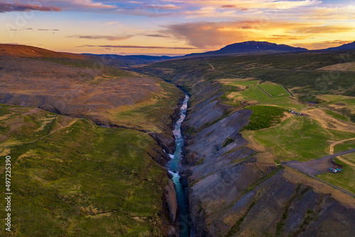 Aerial view of the Studlagil Canyon in east Iceland at sunset