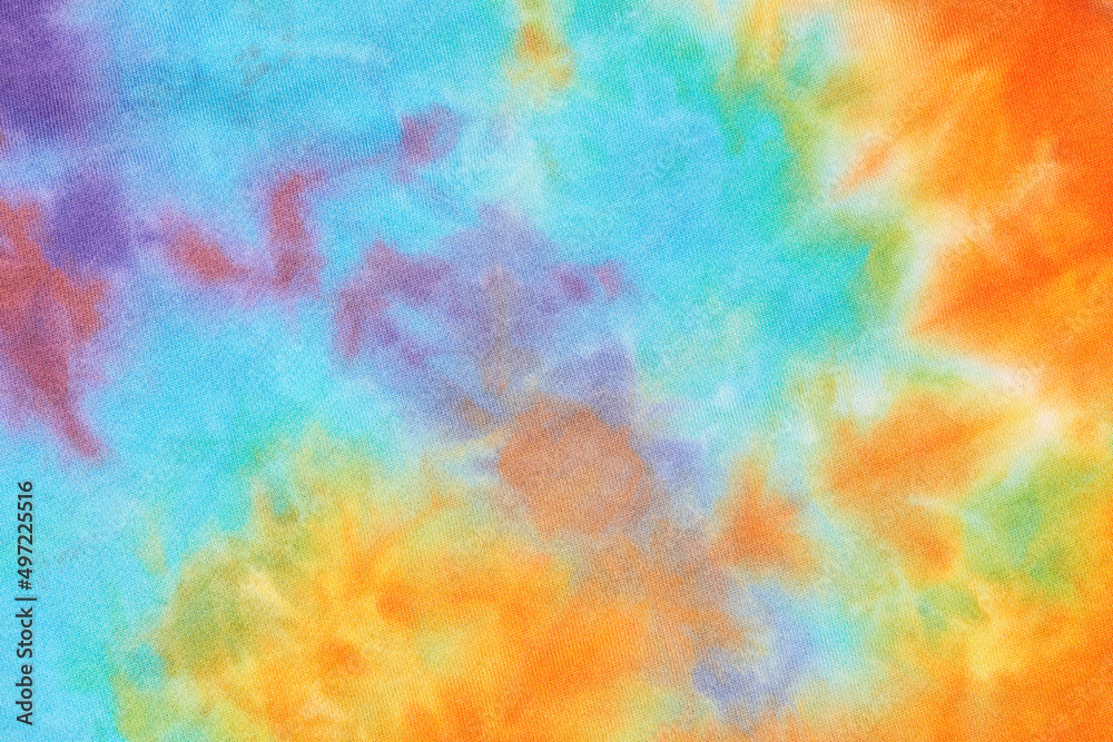 Abstract tie dye multicolor fabric cloth Boho pattern texture for background or groovy wedding card, sale flyer, 60s, 70s poster, kid tie-dye diy backdrop. Modern Watercolor Wet Brush Fabrics Art - obrazy, fototapety, plakaty 