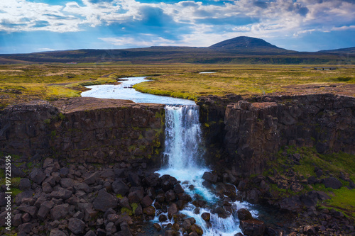 Aerial view of the Oxarafoss waterfalls in Iceland