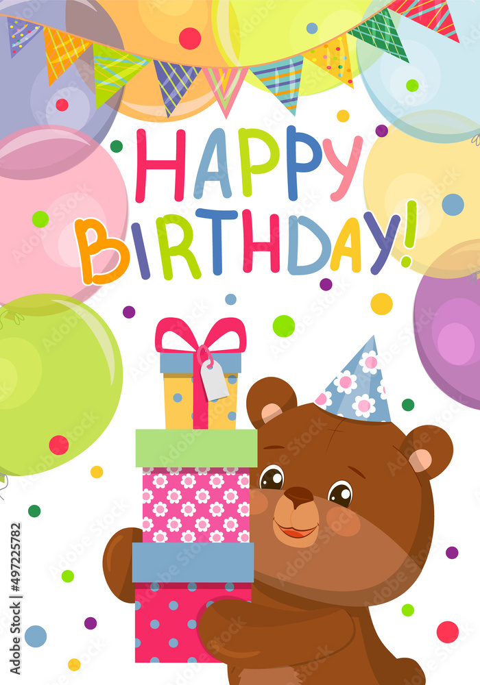 Obraz premium Vector birthday card in cartoon style with a drawn teddy bear in a festive hat with gifts, decorated with balloons, confetti and a garland, and handwritten wishes.
