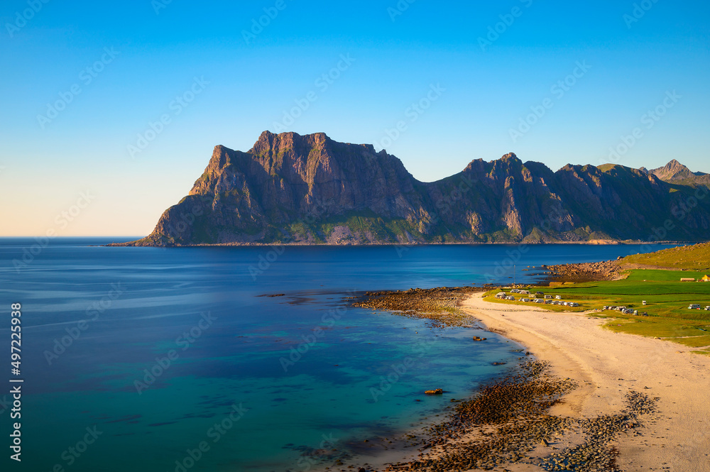 Camping cars on Uttakleiv beach in Lofoten islands, Norway