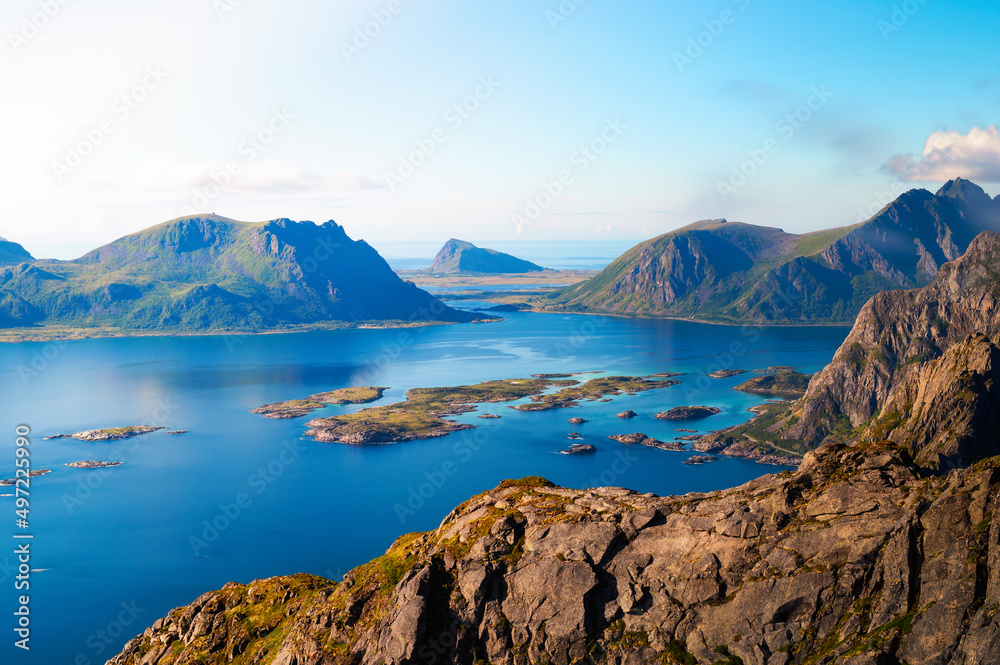 View over mountains and fjords of Lofoten Islands from mount Festvagtind, Norway