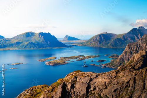 View over mountains and fjords of Lofoten Islands from mount Festvagtind, Norway