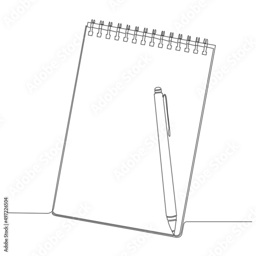 hand-drawn single line notepad and pen isolated on white background, continuous line vector illustration