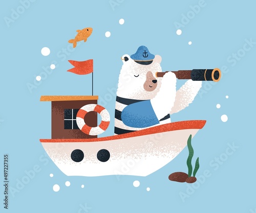 Cute baby bear traveling by ship. Sailor captain explorer with spyglass. Childrens animal character at sea journey, adventure. Fairytale seaman at voyage. Childish colored flat vector illustration