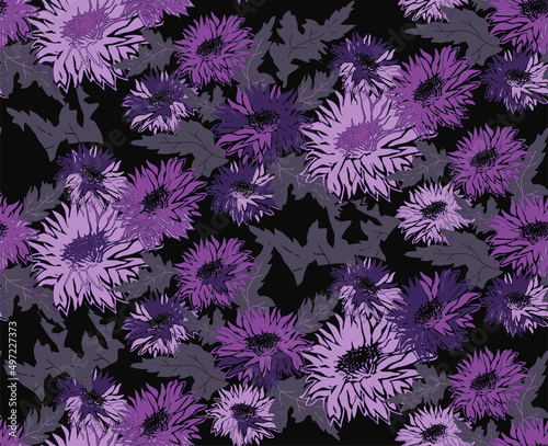 Modern hand drawn seamless pattern of flowers chrysanthemum in trendy velvet violet tones with blossom. For design, package, textile, fabric, wallpaper, bedding, spring summer clothes.