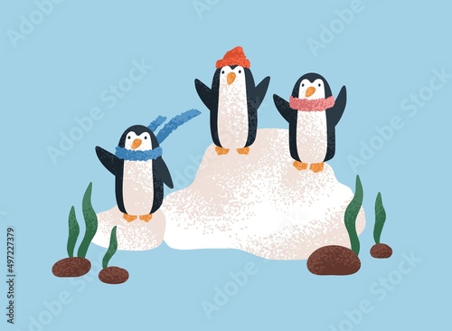 Cute penguin family in winter. Funny baby characters at North pole. Childish ...