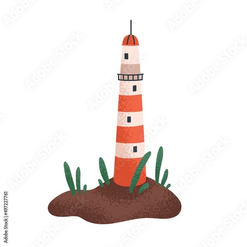 Lighthouse, high striped tower on sea coast. Kids light house on island. Beacon building for childs t-shirt print. Nursery childrens flat vector illustration isolated on white background