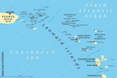 Leeward Islands, political map. Part of the Lesser Antilles, north of Windward Islands in the Caribbean. Virgin Islands, Anguilla, St Kitts and Nevis, Antigua and Barbuda, Montserrat, and Guadeloupe.