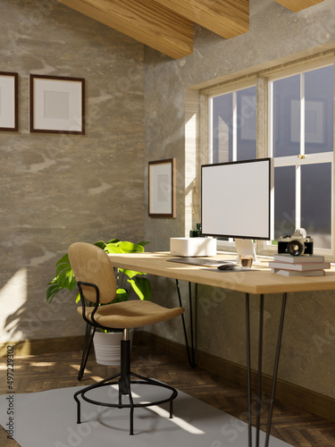 Fototapeta Naklejka Na Ścianę i Meble -  Contemporary Scandinavian home workspace interior with a computer