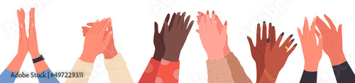 Giving applause and celebrating. Multinational hands clapping, success and public ovation, audience appreciation, publicly approval, enjoyment gesture cartoon vector illustration