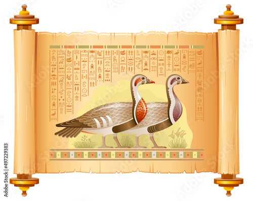 Egyptian bird vector. Geese from Egypt. Pharaoh goose art. Wild duck illustration. Cartoon god Geb mythology symbol. Ancient vintage animal. Old symbol icon. Mallard wildfowl vector art. Meidum geese