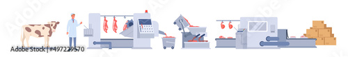 Beef production factory process. Industrial line from cow farm, meat storage, processing and distribution with control of supervisor workers infographic flat vector illustration. Food industry concept