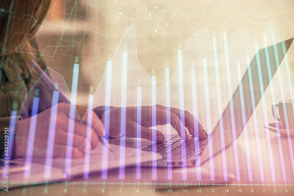 Double exposure of businesswoman hands typing on computer and forex graph hologram drawing. Financial analysis concept. Double exposure of businesswoman hands typing on computer and forex graph hologram drawing. Financial analysis concept.