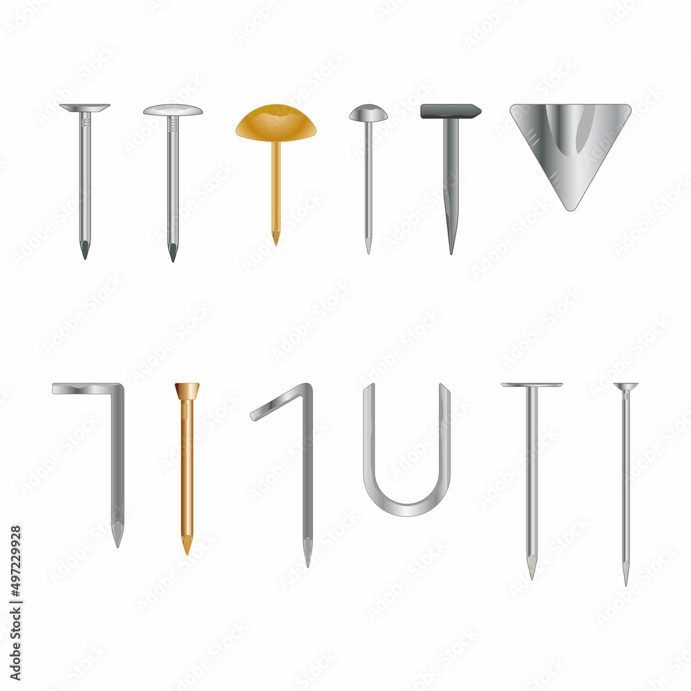 basic tyapes of nails, vector illustration of a set of basic types of nails used in construction and decoration