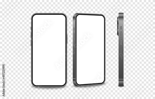 Vector set of phone mockups from different angles. Phone mockup, technology device, smartphone with blank screen. Empty display. PNG.