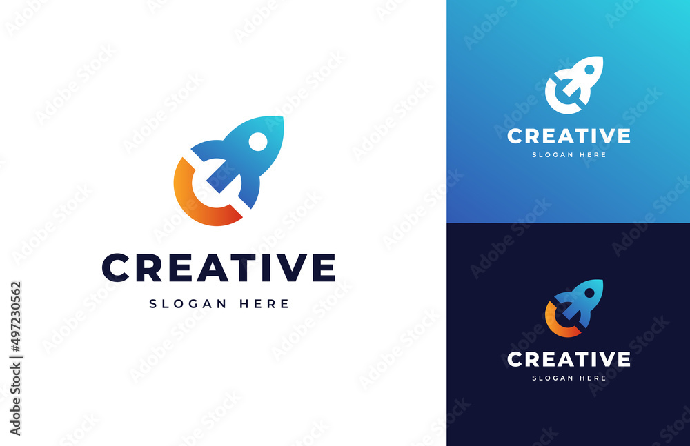 Creative rocket flight startup fly launch vector logo design, Letter C rocket space takeoff up logo design Creative rocket flight startup fly launch vector logo design, Letter C rocket space takeoff up logo design