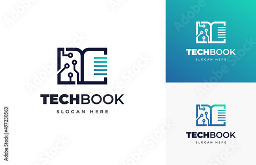 Tech data book digital circuit wire connect vector logo design, Creative modern education book document logo design