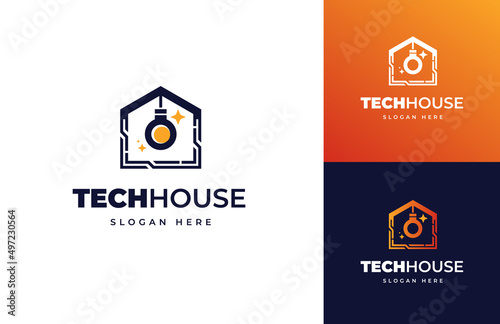 Tech house bulb lamp electric smart vector logo design, Modern technology circuit wire idea shine interior logo design