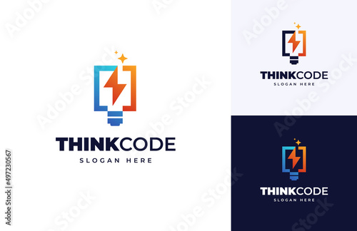 Think code light bulb thunderbolt flash vector logo design, Tech bulb electricity bright logo design