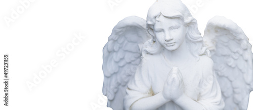 Ancient statue of an guardian angel isolated on white background. Copy space for design.
