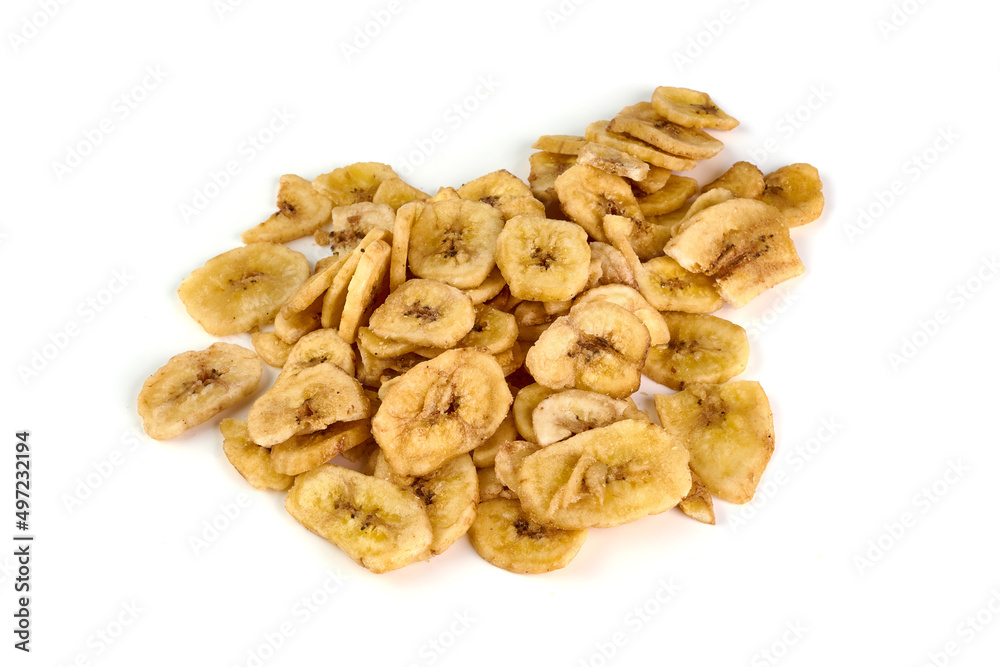 Dried banana slices, isolated on white background. Dried banana slices, isolated on white background.