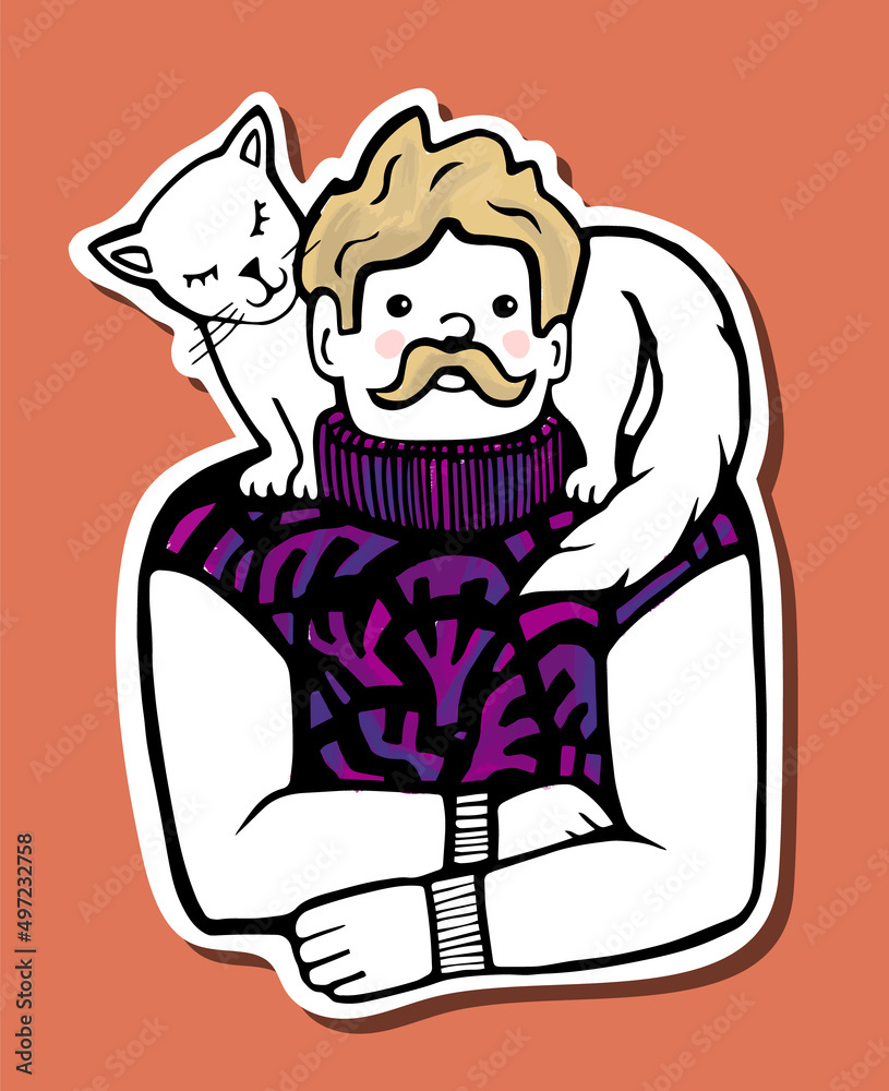 Obraz premium A man with a mustache with a cat on his shoulders. Cute hand drawn sticker illustration.