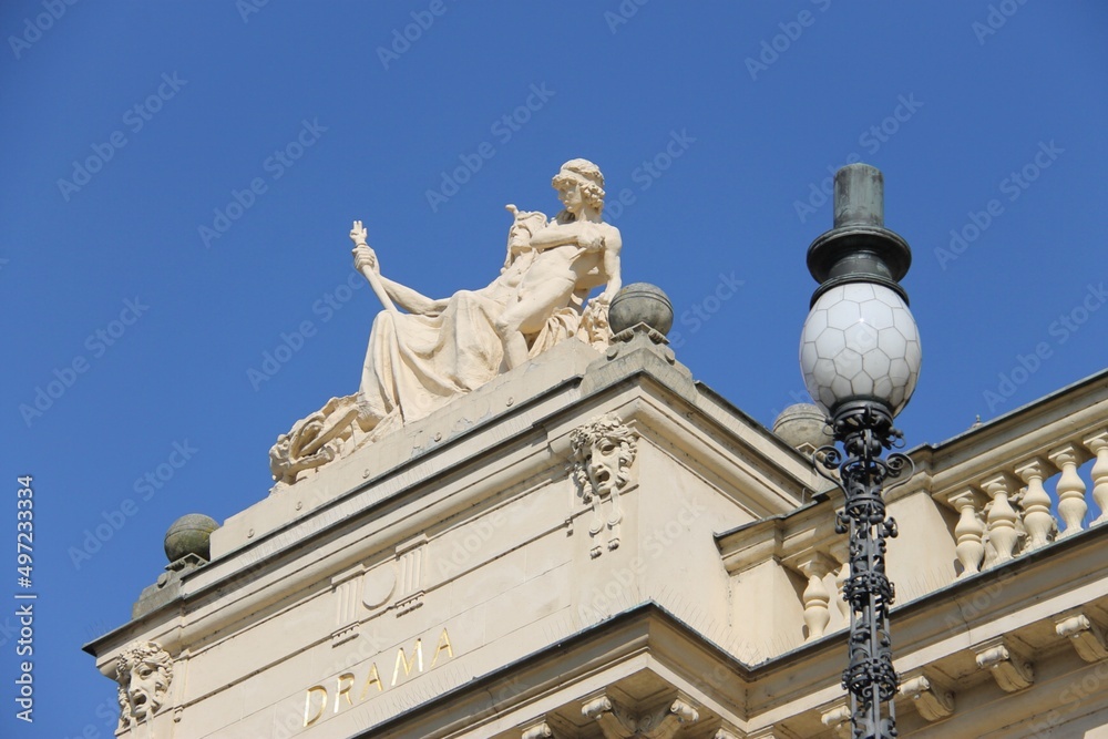 Statue on a roof of a Theatre in Pilsen, Czech Republic
