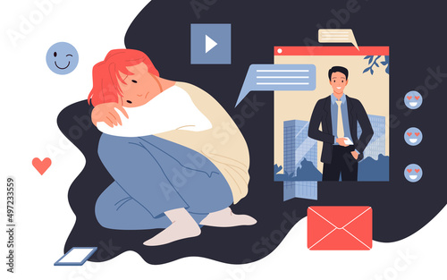 Sad boy looking on photo of young and happy successful businessman on screen of mobile phone. Frustration, loneliness and depression of lonely teenager flat vector illustration. Social media concept