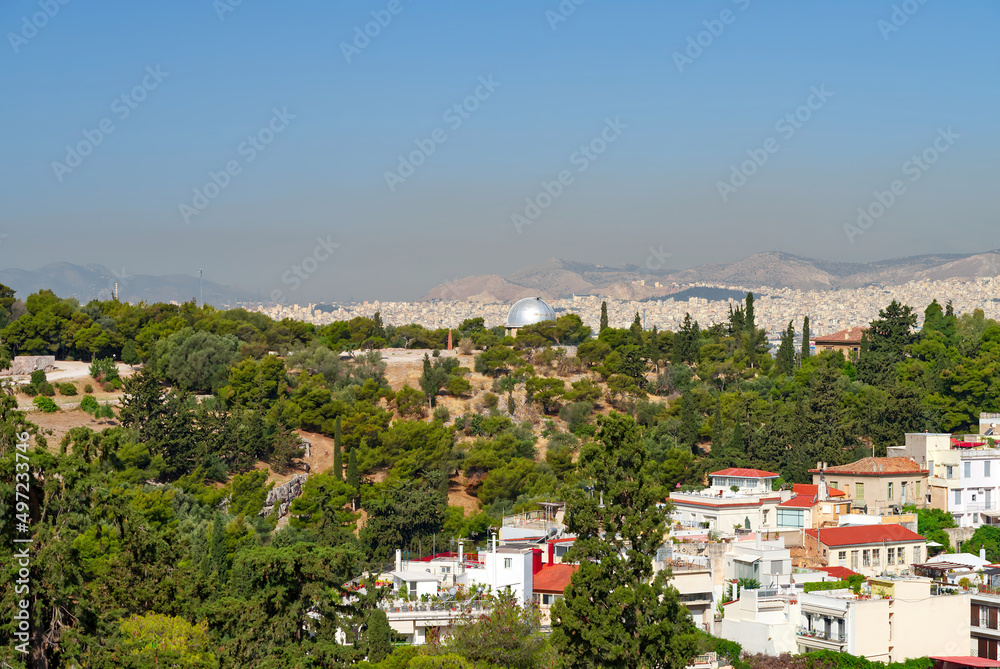 View from the Acropolis area to the city of Athens, Greece. no people
