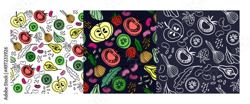 Hand drawn seamless patterns set for surface design. Healthy and vegetarian food theme. Fruit, vegetables, beans, seeds. Isolated design element